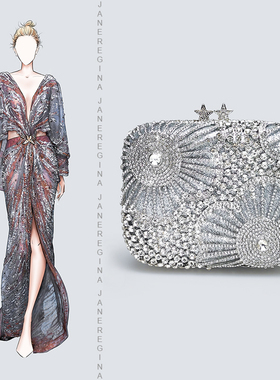 闪闪满钻小方包高级感银色晚宴包手拿包包女小包轻奢晚礼服手抓包