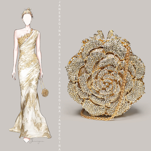 轻奢镶钻手拿包金色花朵闪亮小包包搭配晚宴旗袍礼服 迷你小手包