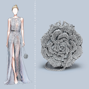 轻奢满钻玫瑰花朵包闪亮晚宴装 手拿包 饰迷你包包女旗袍礼服搭配