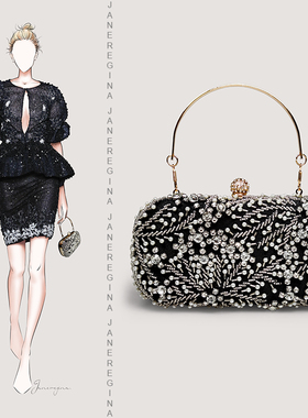 镶钻晚宴包高定礼服搭配黑色手拿包包女珍珠水钻手提包名媛旗袍包