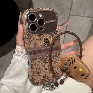 13pro高级感华为pura70棕色花纹mate70 60pro翻毛皮保护套 16promax大视窗苹果15plus手机壳14 适用iPhone17