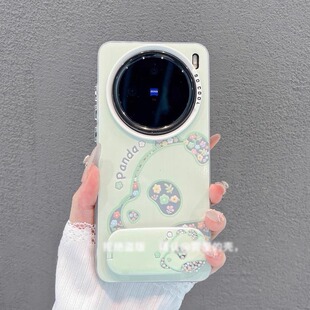 适用vivox200/100pro抹茶绿碎花熊猫手机壳x90/80/70中国风vivos30/20/19个性iQOO13/12/11碎花镜面支架软壳