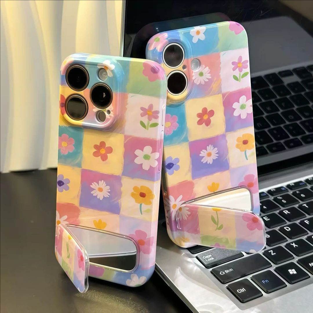 油画格纹花朵镜子支架手机壳
