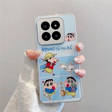 可爱蜡笔小新快乐每一天电镀银手机壳适用小米14/13Pro新款11/12玻璃壳红米note12/13情侣K60/70情侣保护套女