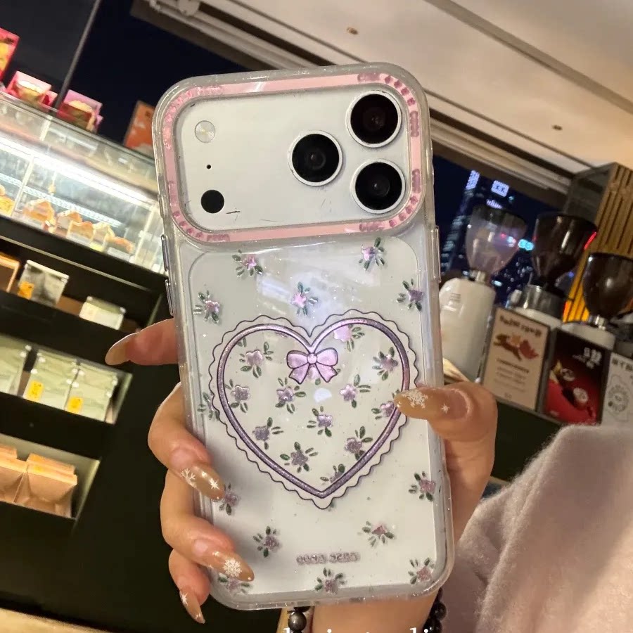 ins韩系镭射碎花爱心适用iPhone17promax手机壳鎏金苹果16PRO高颜值少女心iPhone15/14小众13透明大孔保护套