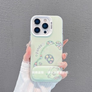 适用iPhone16 13pro国风三星Galaxys25 23镜面支架保护套 15promax抹茶绿碎花熊猫手机壳苹果14plus个性
