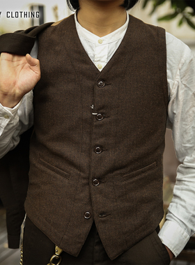 TROPHY BROOKLYN WOOL日产复古拼接纯色人字纹粗花呢羊毛v领马甲