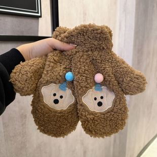 可爱卡通毛绒绒手套 女挂脖冬季保暖加绒加厚学生骑行连指手套男