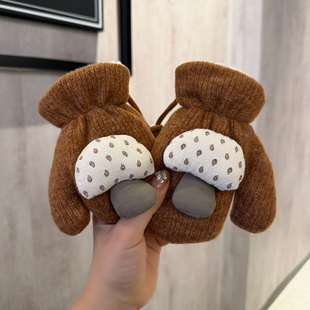 冬季儿童手套3-11岁 可爱加绒加厚保暖防寒挂脖连指手套宝宝手套