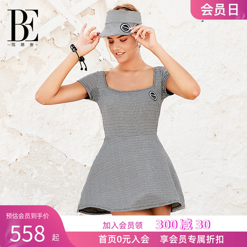 BE范德安千鸟格复古时尚连体裙式泳衣女泡温泉聚拢遮肉显瘦度假
