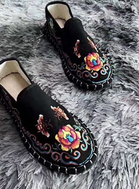 老北京布鞋男士春秋刺绣中国风一脚蹬防滑软底手工西山男款工作鞋