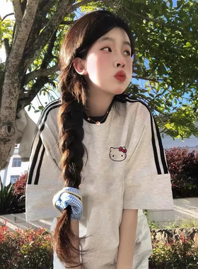 卡通KT三条杠短袖t恤女大童夏季2026新款初中高中学生宽松上衣潮