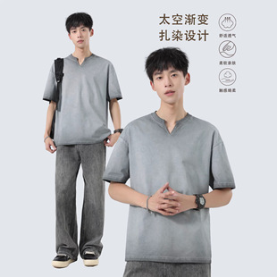 日系复古小V领重磅棉混纺男士短袖t恤夏季美式水洗做旧男士体恤潮