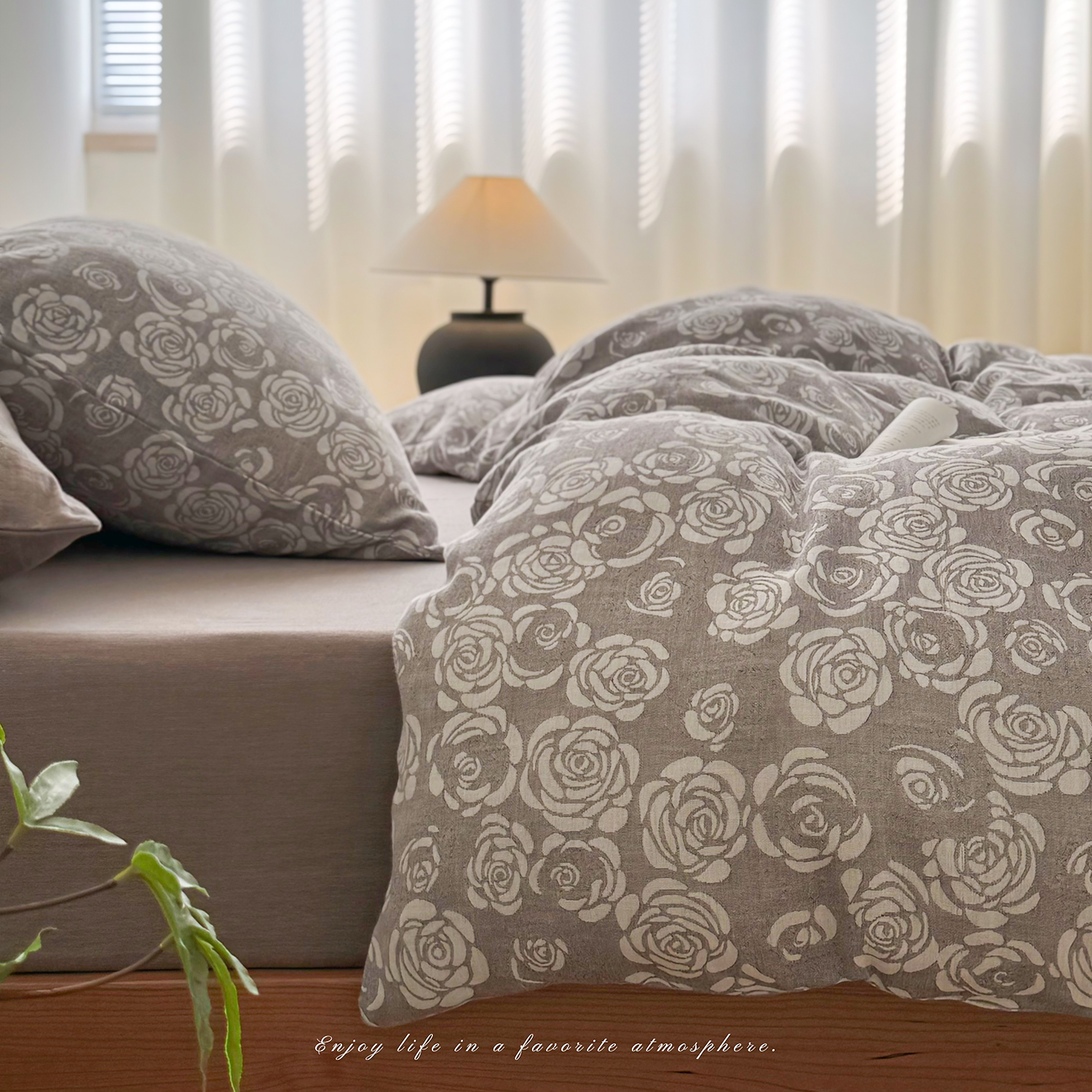 灰色玫瑰全棉色织提花双层纱被套