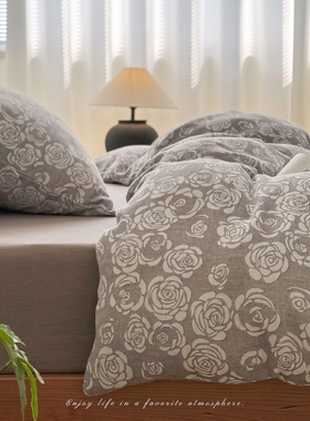 灰色玫瑰花A类全棉色织提花双层纱被套单件1.8米纯棉被罩三四件套