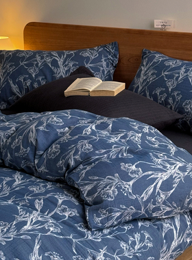 蓝色手绘素描花A类全棉色织提花双层纱被套单件1.8床上四件套纯棉