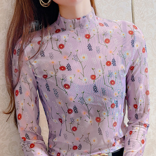 春夏季网纱打底衫女内衬防晒内搭紧身高领碎花T恤泫雅蕾丝上0308z