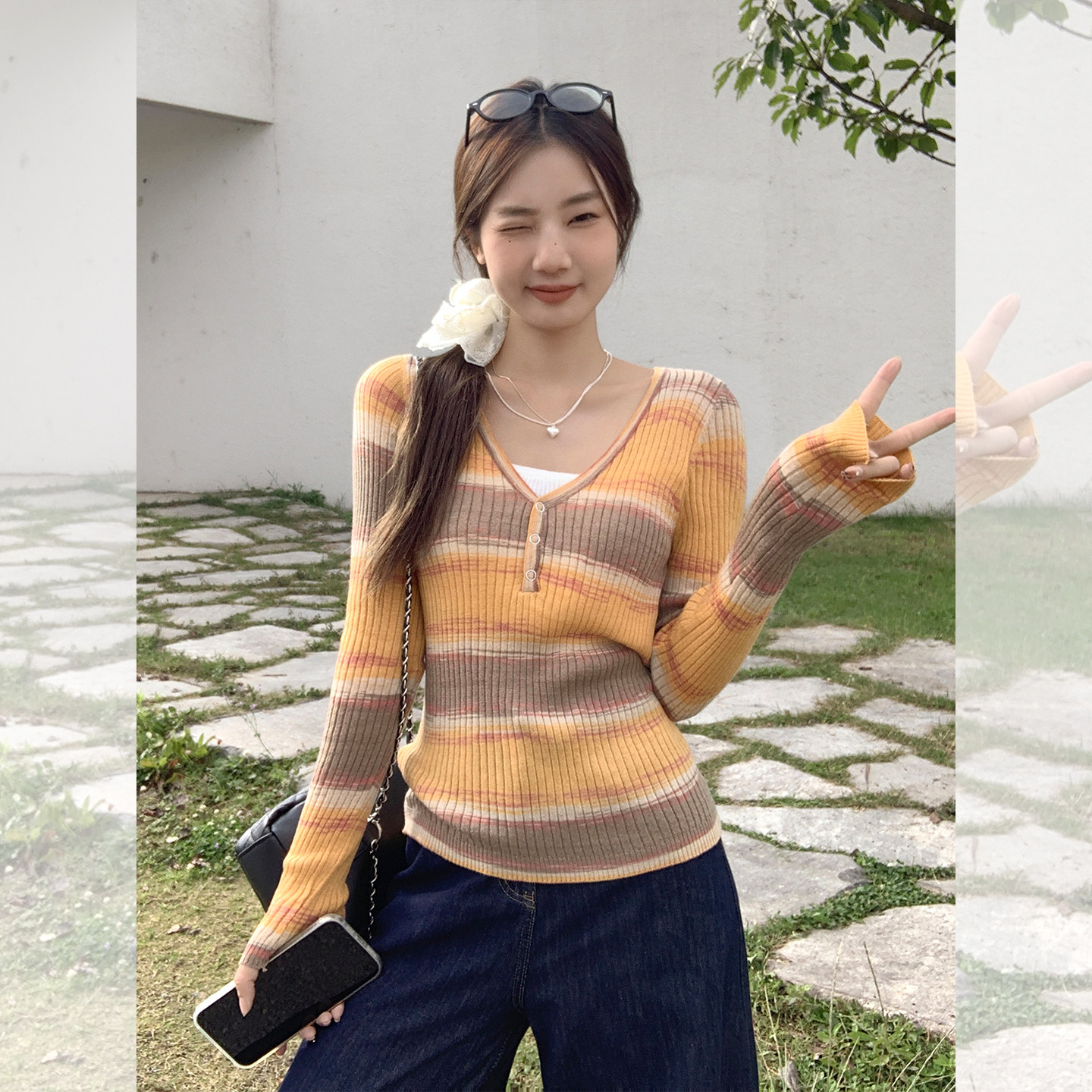 2025新款2025秋季桔色撞色假两件V领长袖T恤女辣妹修身显瘦小上衣