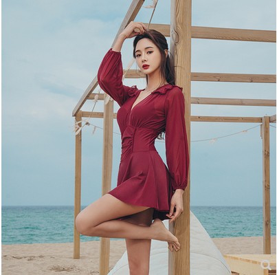 三奇泳衣女性感连体裙式小胸聚拢显瘦遮肚保守新款长袖温泉游泳装