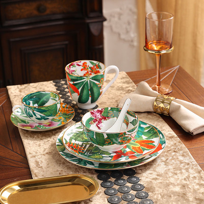 热带雨林平盘西餐盘咖啡杯大盘骨瓷骨碟碗盘套装英式点心盘马克杯