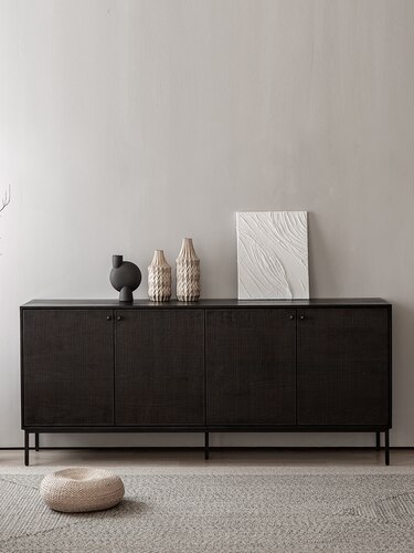 北欧表情餐边柜诧寂风柚木全实木手工雕花玄关客厅电视柜黑色复古