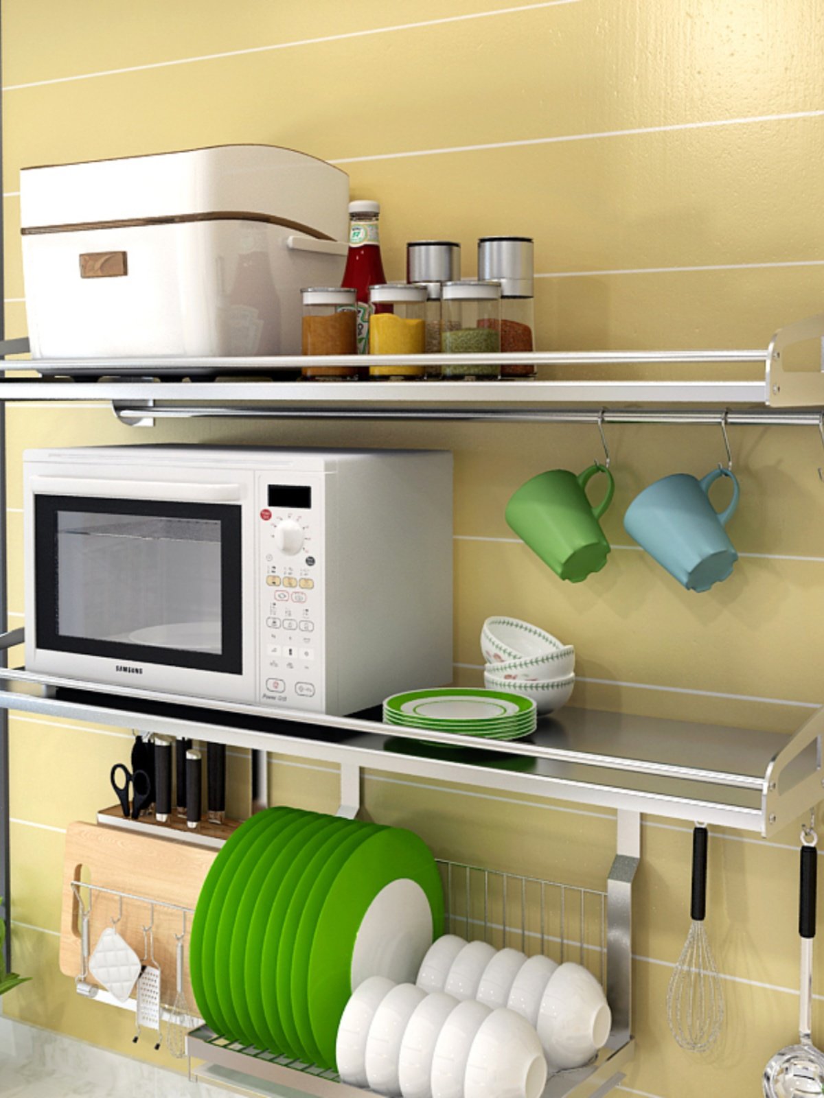 微波炉架厨房304不锈钢壁挂式储存调料电烤箱支架分隔板商用