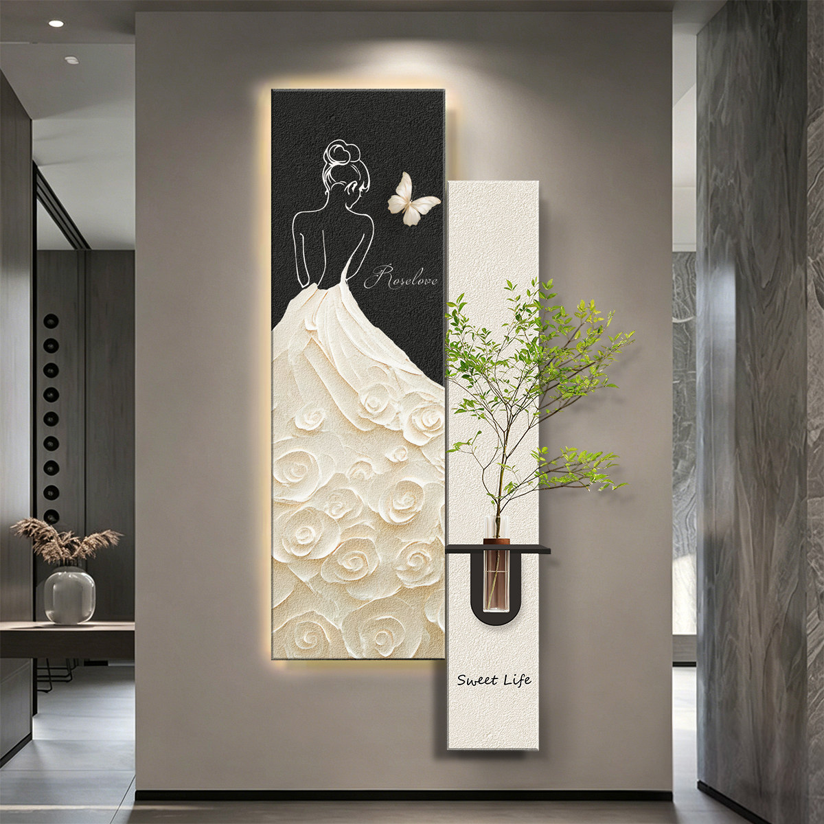 蝴蝶少女砂岩花瓶绿植入户玄关装饰画走廊过道尽头挂画高级感壁画