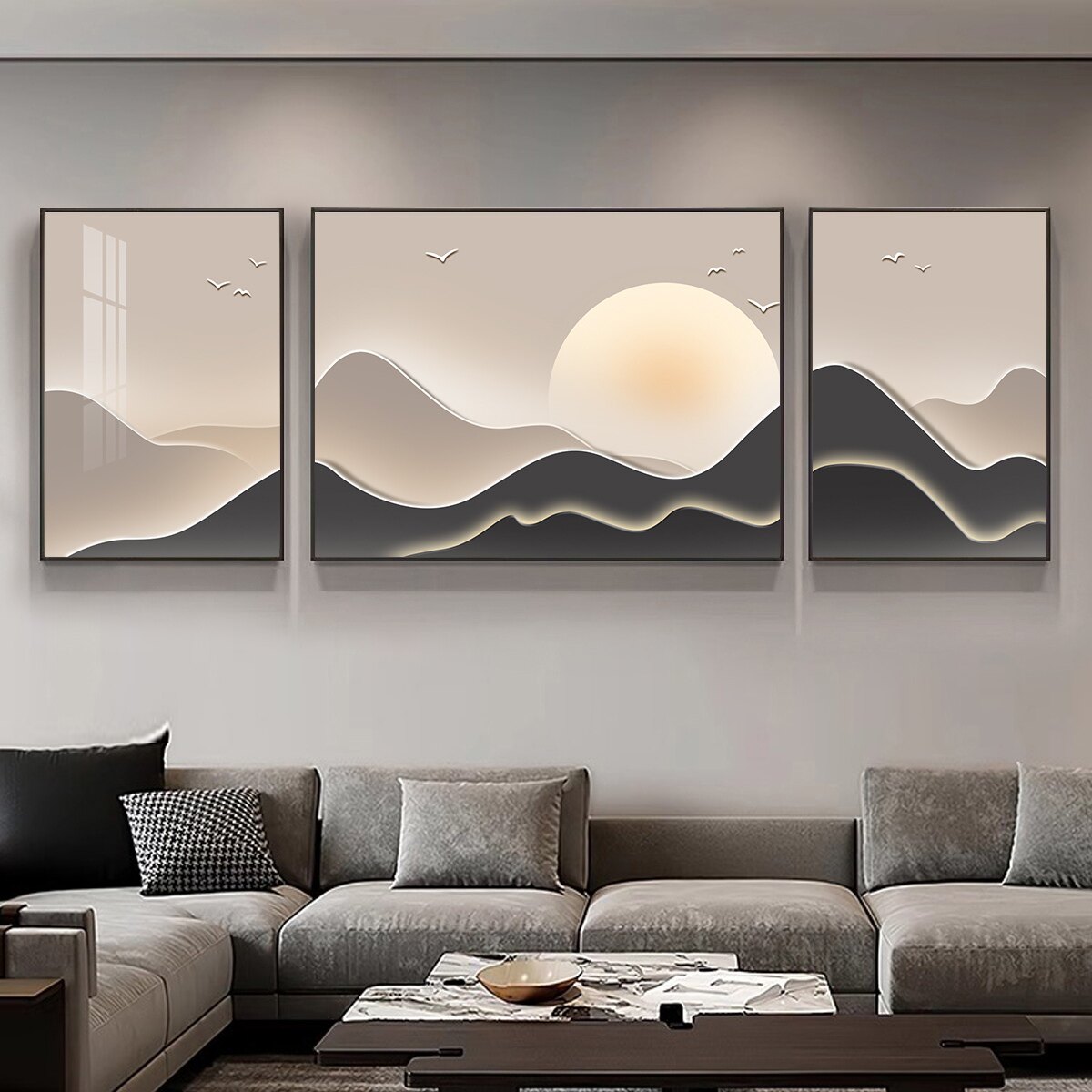 背有靠山客厅沙发背景墙装饰画三联挂画现代简约轻奢风高级感壁画