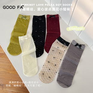 GOOD FA 25001  爱心波点提花网格透明手缝蝴蝶结小短袜