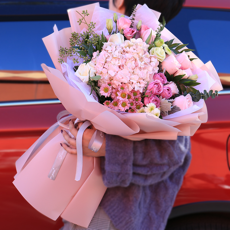 杭州鲜花速递同城配送上门粉红玫瑰向日葵混搭花束生日花店教师节