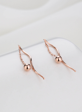 925纯银波浪耳线女长款镀18K玫瑰金豆豆耳线气质简约显示脸瘦风格