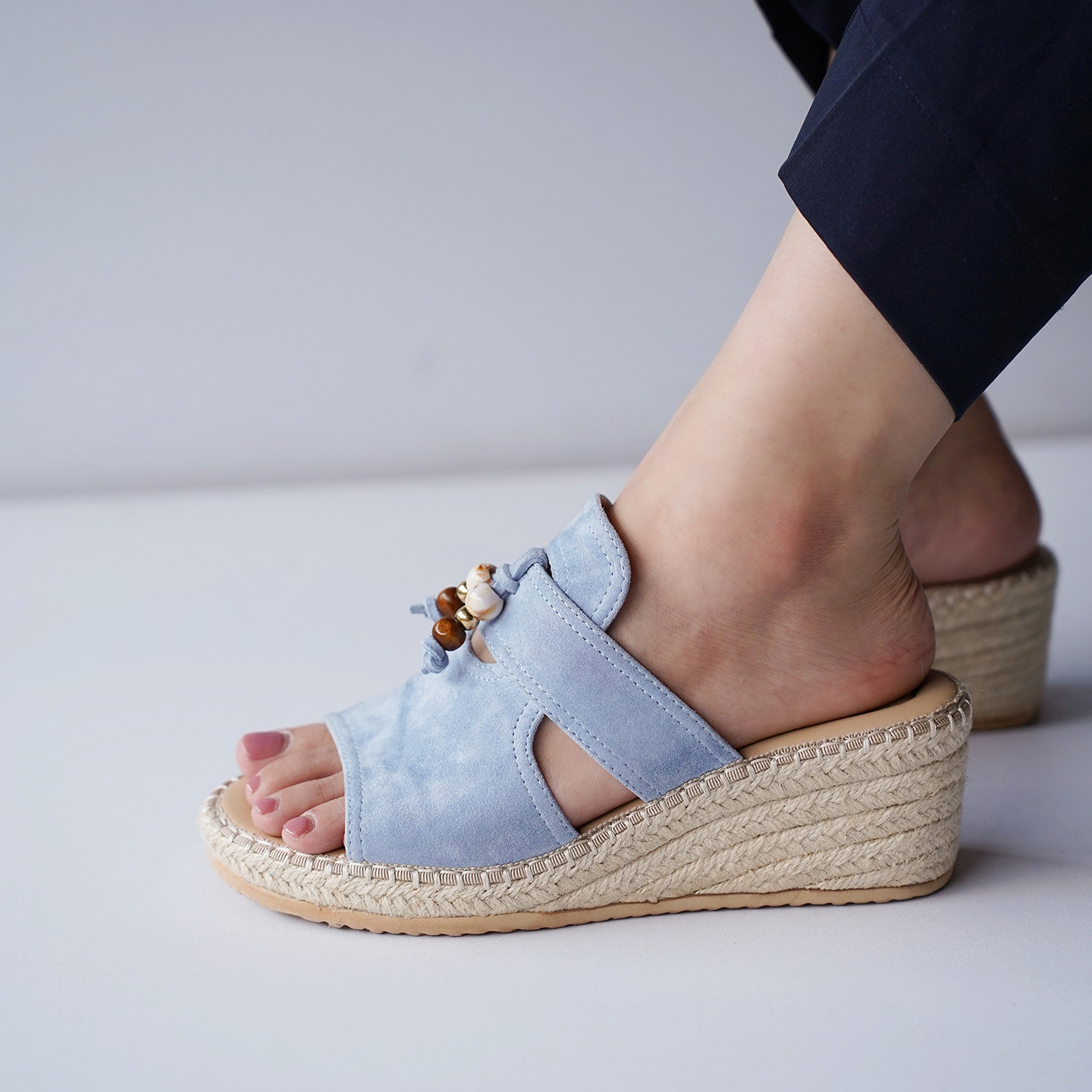 壹家shoes001090羊皮/羊绒坡跟拖鞋女外穿高跟夏季女鞋鞋子百搭