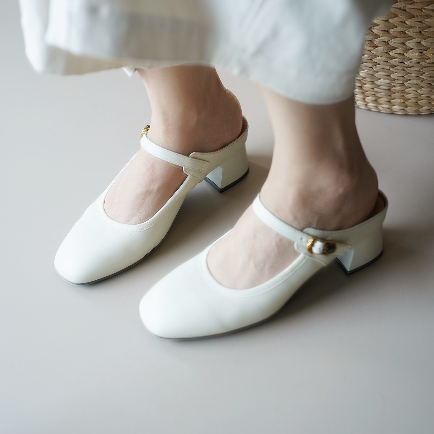 壹家shoes001079羊皮4cm方跟穆勒拖气质一脚蹬半拖通勤单鞋女鞋夏