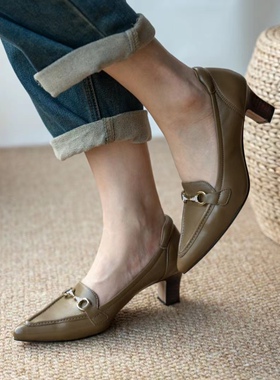 壹家shoes155209款5公分跟高尖头乐福鞋一脚蹬小羊皮防磨脚防掉跟