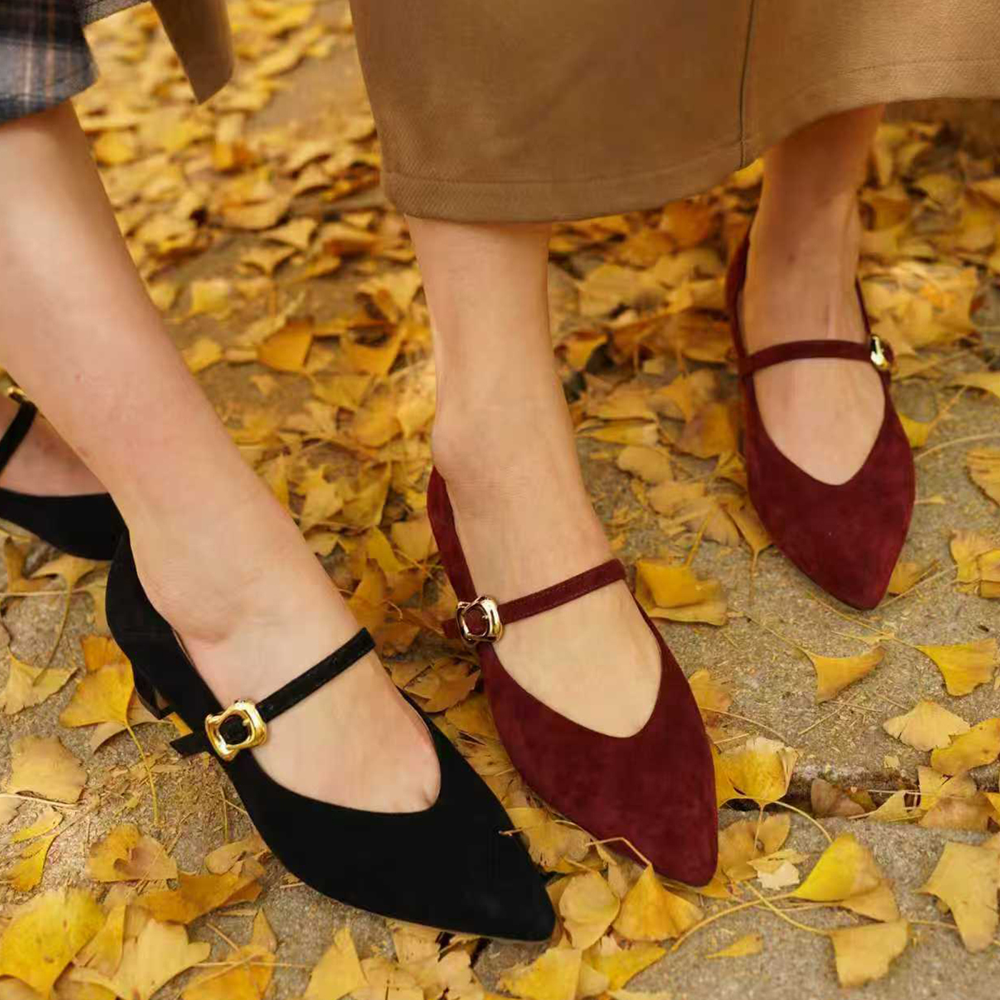 壹家羊绒羊皮尖头粗跟玛丽珍鞋