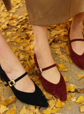 壹家shoes040006羊绒/羊皮4cm尖头玛丽珍粗跟百搭单鞋真皮高跟鞋