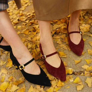 真皮高跟鞋 壹家shoes040006羊绒 羊皮4cm尖头玛丽珍粗跟百搭单鞋