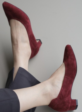 壹家shoes 307-01羊皮小枕头单鞋3公分羊绒粗跟高跟上班通勤女鞋