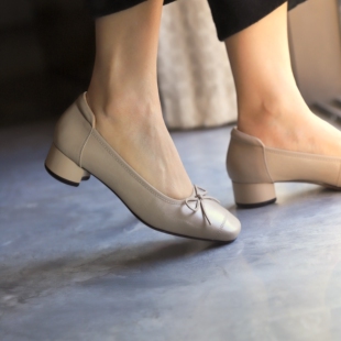 壹家shoes001039羊皮3cm方头气质女鞋粗跟蝴蝶结芭蕾通勤中跟单鞋