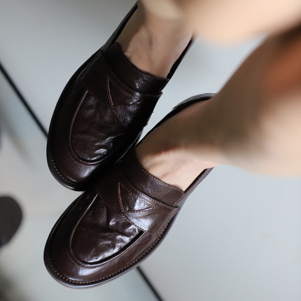 壹家shoes039015手抓羊皮3.5cm圆头乐福鞋复古风一脚蹬真皮女鞋