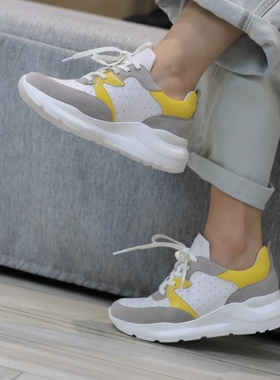 特惠壹家shoes151802羊皮拼牛皮4公分坡跟女超轻内增高老爹鞋2024