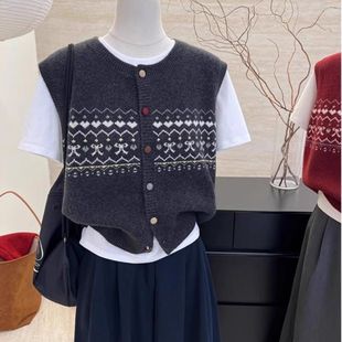 外搭叠穿无袖 复古提花针织马甲女装 坎肩背心马夹上衣 新款 2025春季