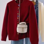 高级感彩色扣红色毛衣外套女秋冬大码 胖mm慵懒风软糯针织开衫 上衣