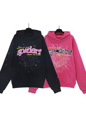 sp5der美式高街嘻哈潮牌男女同款发泡印花宽松重磅毛圈连帽衫卫衣