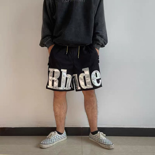 RHUDE拼皮刺绣字母网眼五分短裤