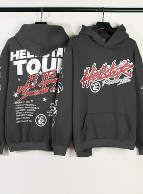HELL地狱之星2023秋冬新款字母火焰涂鸦高街男女复古加绒帽衫卫衣