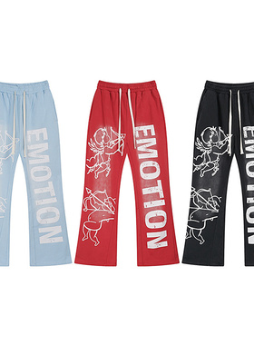 实拍MIXED EMOTION美潮街头做旧字母印花复古休闲直筒微喇长裤男