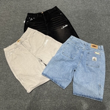 corteiz denim shorts美潮街头夏季休闲字母刺绣洗水直筒牛仔短裤