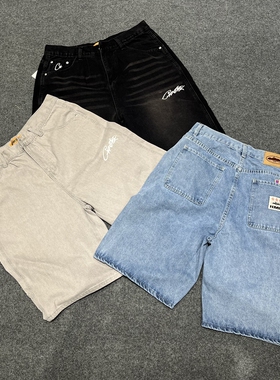 corteiz denim shorts美潮街头夏季休闲字母刺绣洗水直筒牛仔短裤
