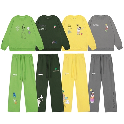 潮牌卡通印花圆领卫衣长裤套装男